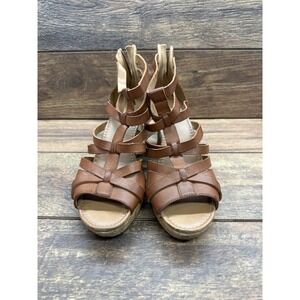 Womens Gladiator‎ Wedge Sandals Brown Strappy Zip Up Espadrille Heels size 10